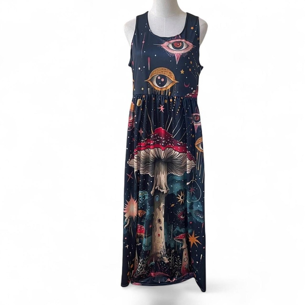 Multicolored eye and mushroom print maxi dress